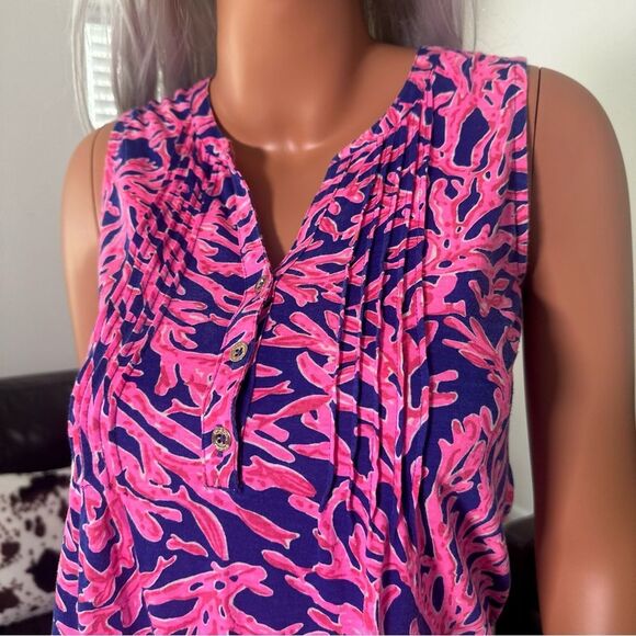 Lilly Pullitzer Sleeveless Top Samba Coral Small Pink Blue Resort Beach Coastal - Picture 3 of 6